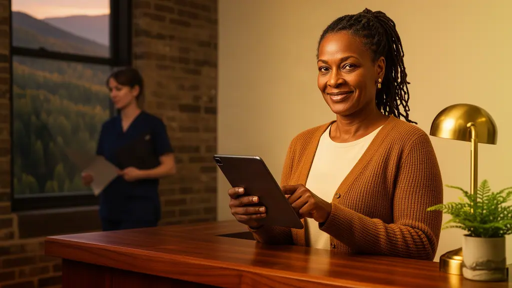 A practice manager entering an appointment on a tablet at a warm walnut front desk while a nurse walks past.